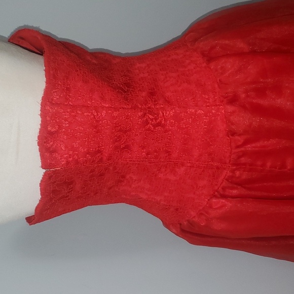 DAZZLING RED FIT N FLARE GOWN STRAPLESS LACE OVERLAY FULL ZIP BACK EMBROIDERED - Picture 16 of 16